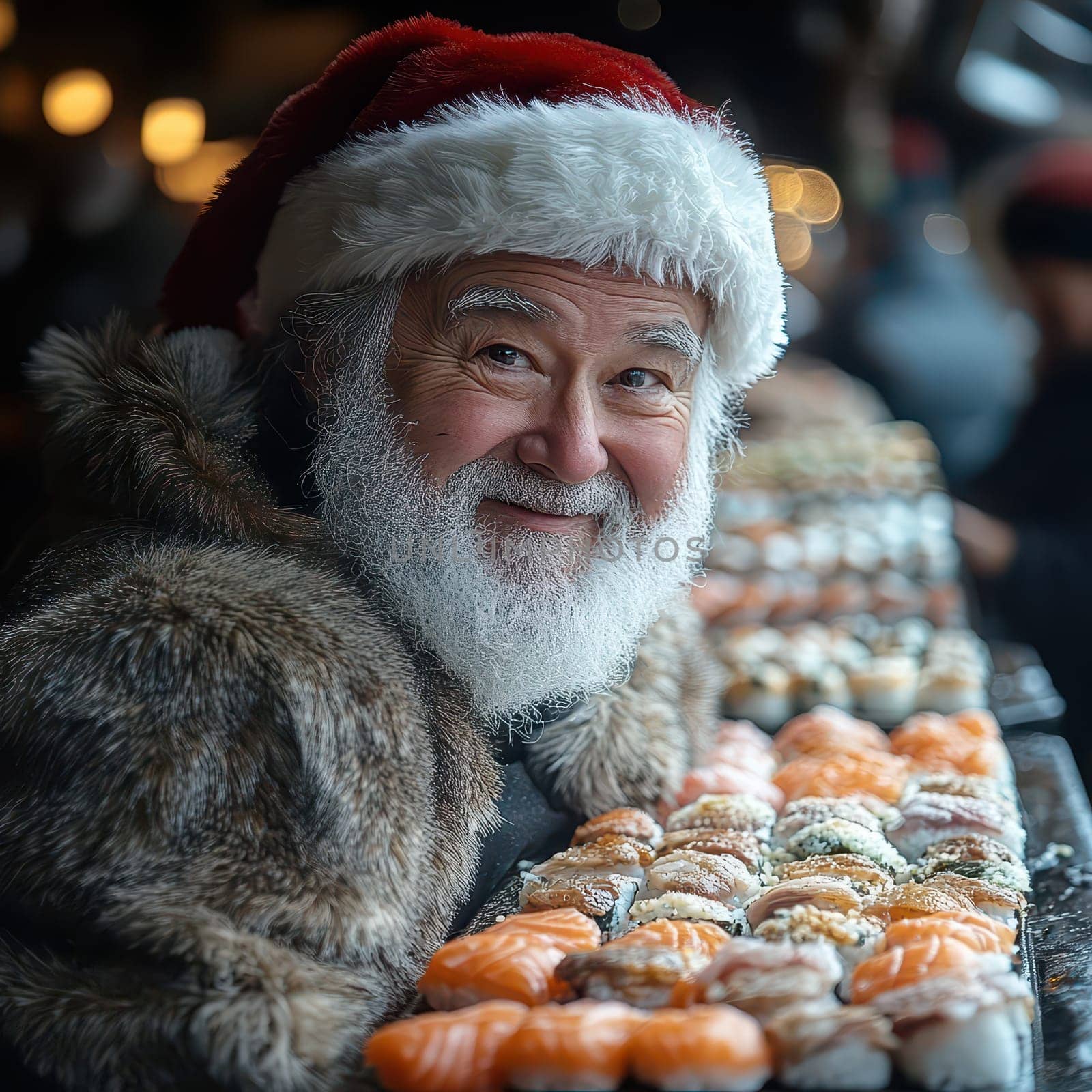 A cheerful man dressed as Santa smiles while surrounded by an assortment of sushi at a lively winter market filled with lights.