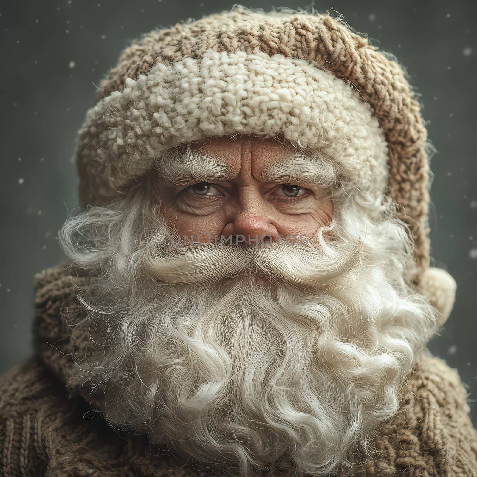 A jolly Santa Claus with a thick white beard and warm sweater gazes directly at the viewer surrounded by falling snowflakes.