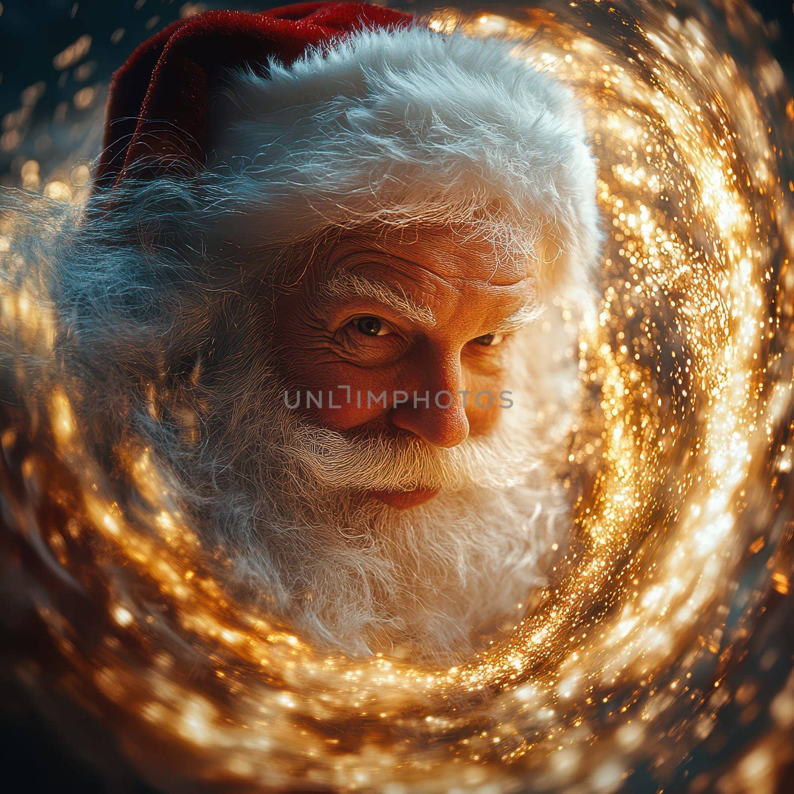 A joyful Santa Claus with a fluffy white beard and red hat radiating warmth and magic amidst swirling sparkles during the festive season.