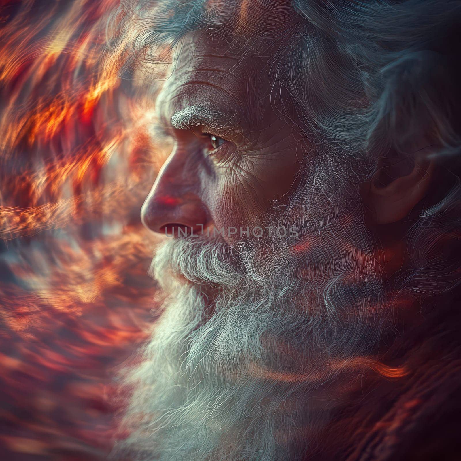 An elderly man gazes thoughtfully his white beard illuminated by the warm hues of a sunset surrounded by an ethereal glow.