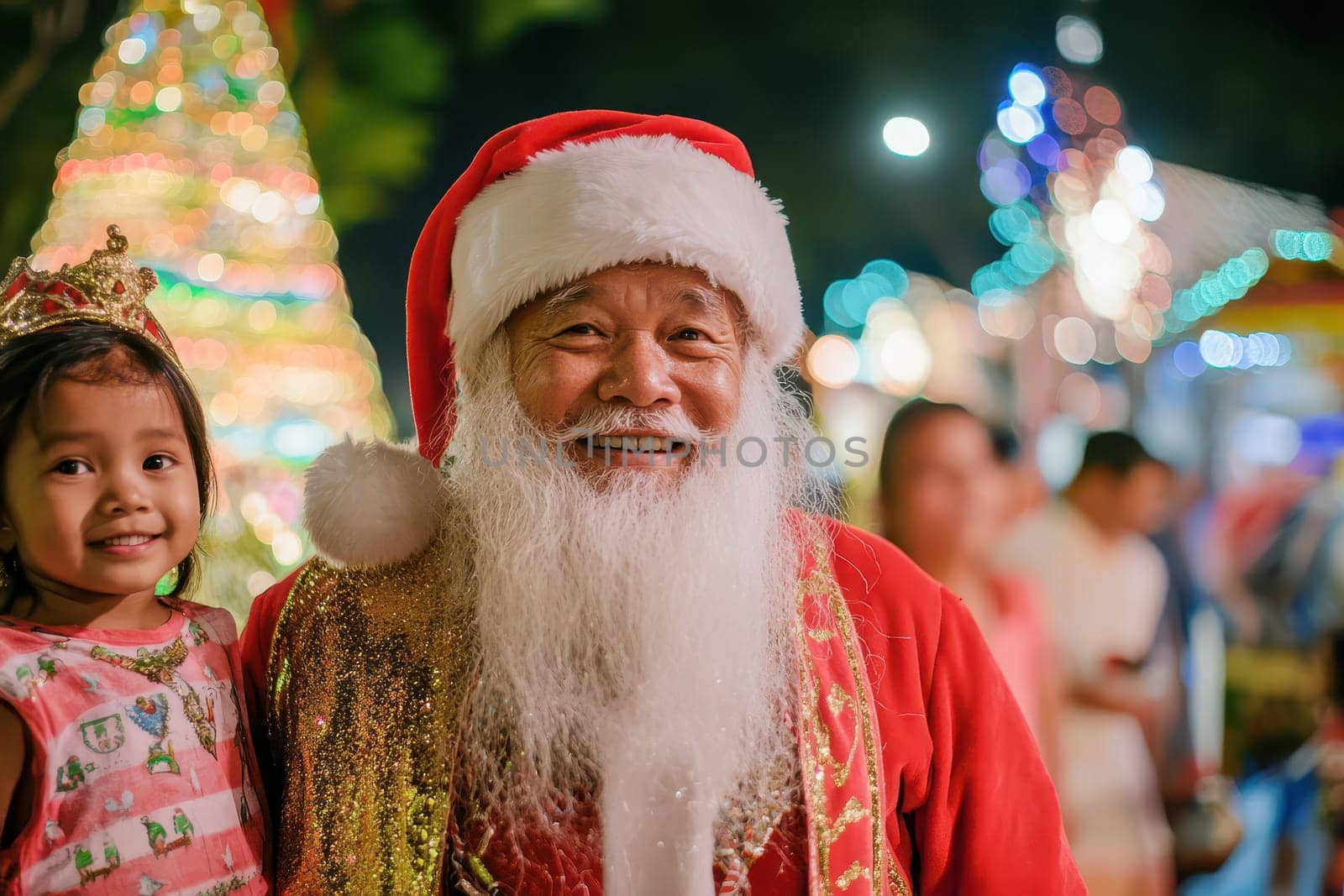 A jolly Santa Claus stands next to a young girl wearing a crown both enjoying a lively holiday celebration surrounded by colorful lights.