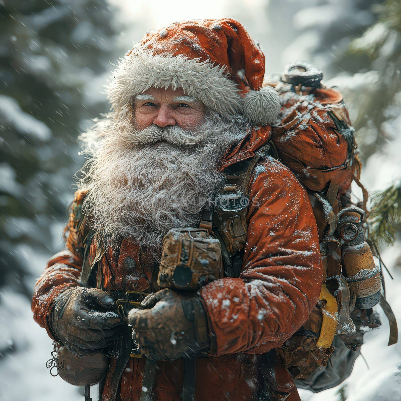 A cheerful man dressed as Santa is exploring a snowy forest wearing a warm coat thick gloves and a backpack surrounded by snow laden trees.