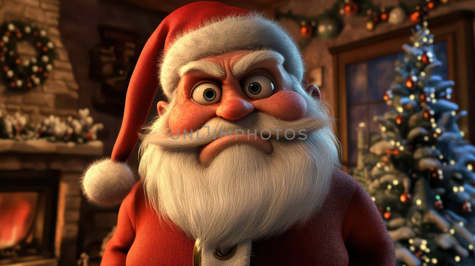 A frustrated Santa Claus stands in a warm room decorated for Christmas with a fireplace and a Christmas tree.