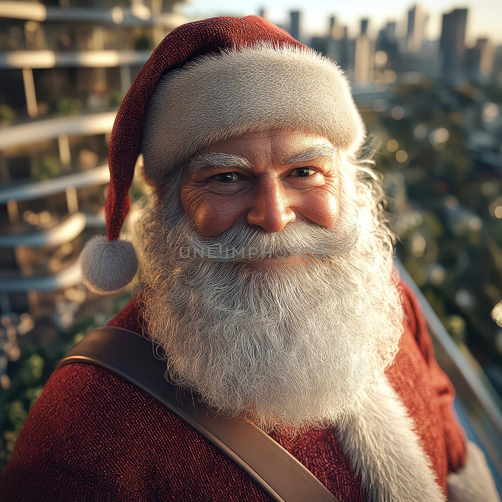 A cheerful Santa Claus stands on a balcony joyfully smiling as he gazes at the vibrant city skyline in the background.