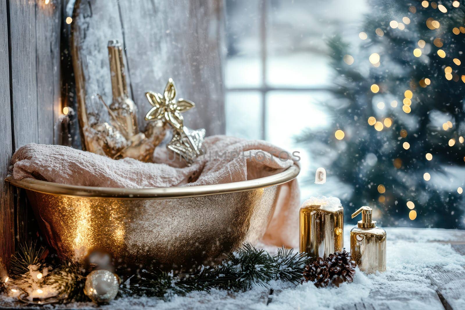 A beautifully arranged golden bowl filled with soft textiles sits beside festive decorations and a snow covered window creating a warm atmosphere.