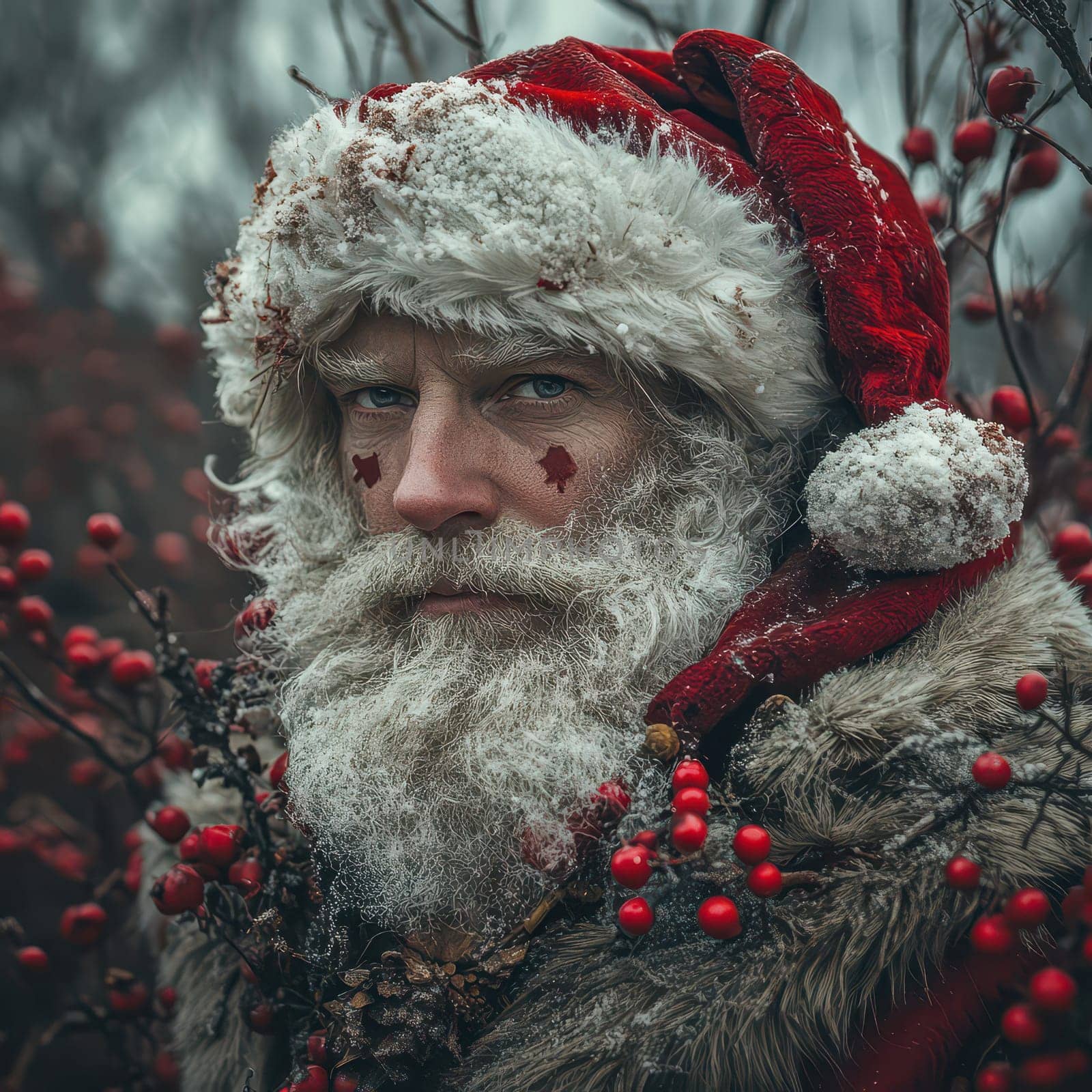 A man dressed as Santa stands amid red berries showing a thoughtful expression against a cold wintry background.