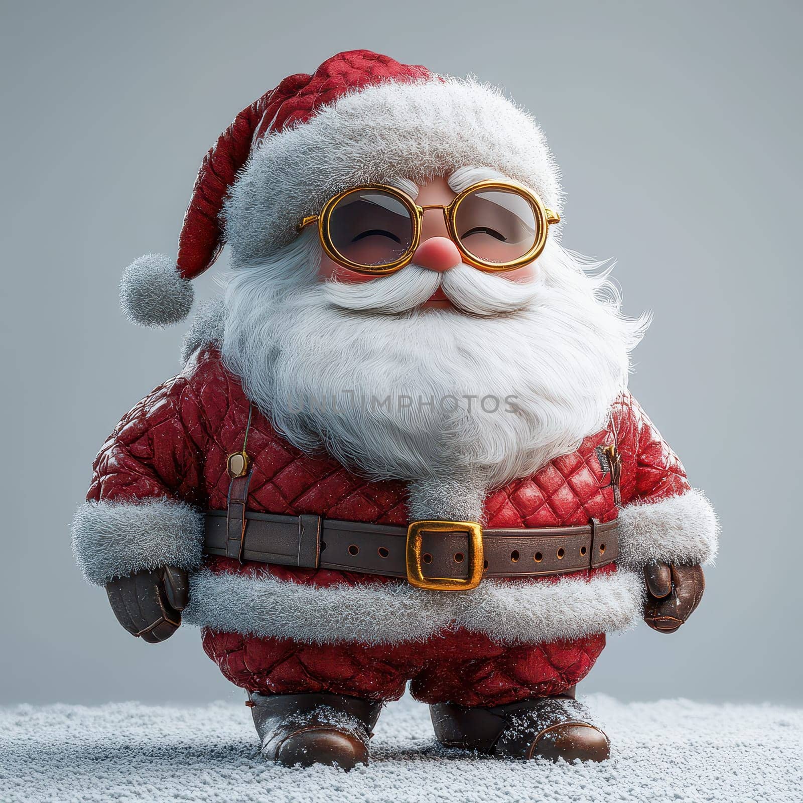 A cheerful Santa Claus character with glasses stands warmly dressed in snowy surroundings ready for the festive season.