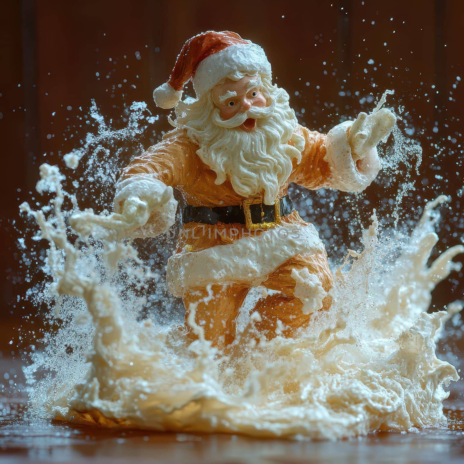A jolly Santa figure joyfully splashes through white foam embodying the spirit of holiday fun and festivities during the season.