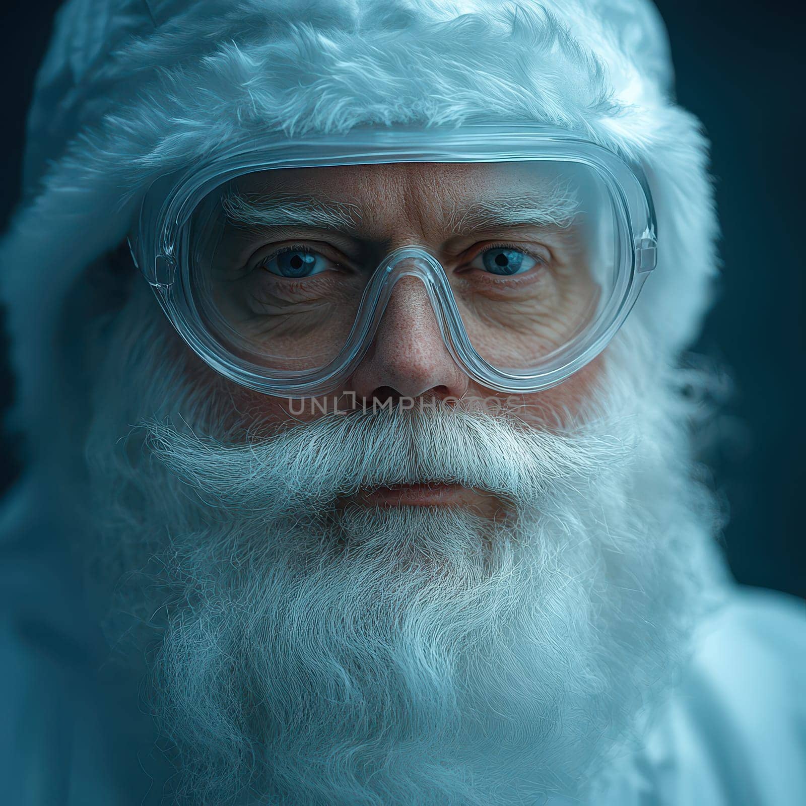 A man dressed as Santa Claus wears ski goggles looking serious while standing in a chilly winter environment ready for adventure.