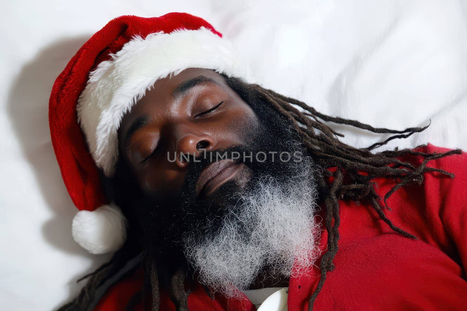 A man with a long beard is peacefully sleeping while wearing a Santa hat and red clothing embodying the spirit of the holidays.