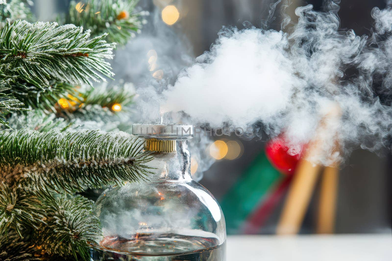 A glass container emits smoke and sits next to a decorated Christmas tree creating a cozy holiday atmosphere indoors.