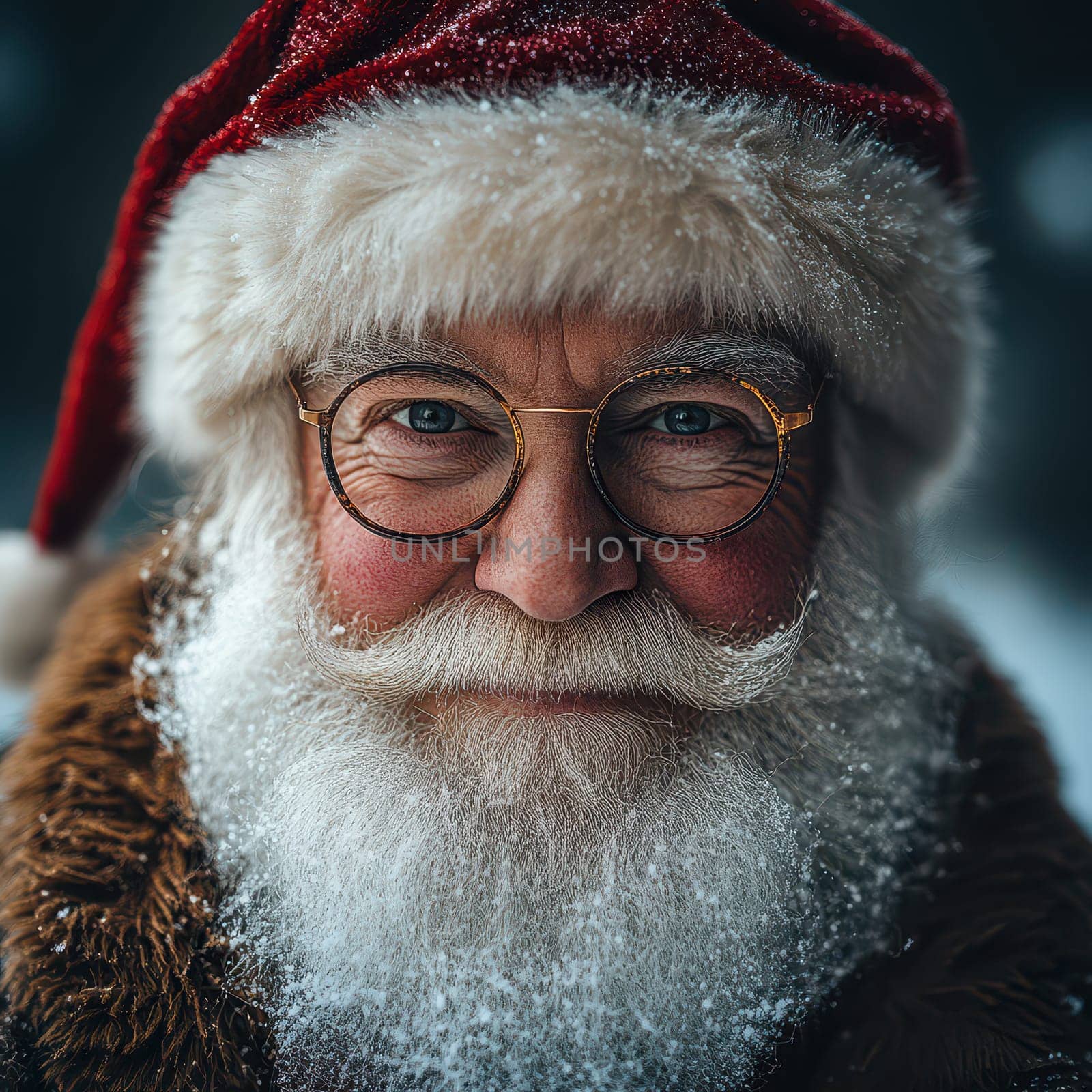 A joyful Santa Claus with a fluffy white beard stands in a snowy setting wearing a classic red suit and glasses spreading holiday cheer.