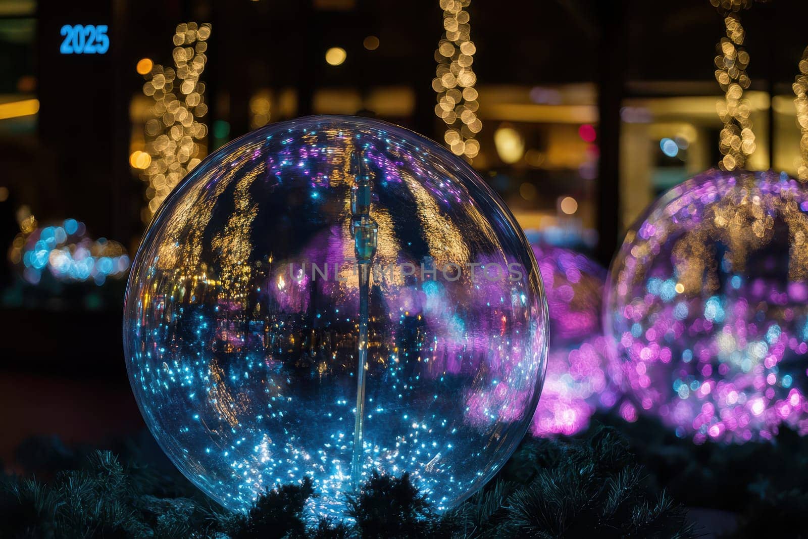 Brightly lit glass spheres reflect colorful lights in a bustling city creating a festive atmosphere during the evening hours.