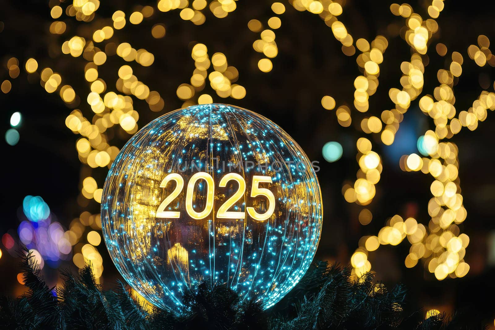 A festive display shows a glowing orb with the year 2025 surrounded by twinkling lights in a city celebrating the New Year.
