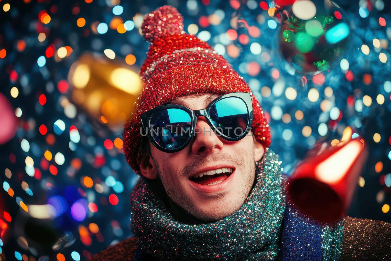 A young man wearing sunglasses and a festive hat enjoys a vibrant celebration surrounded by colorful lights and decorations in the evening.