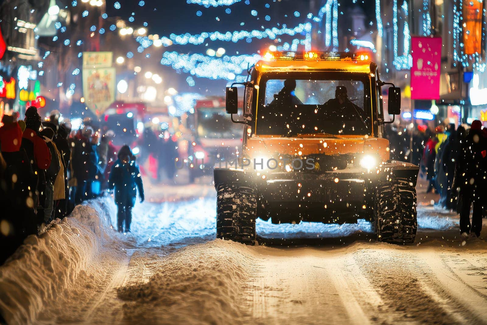 A snowplow removes snow from a busy street as people enjoy a winter festival in the evening illuminated by festive lights.