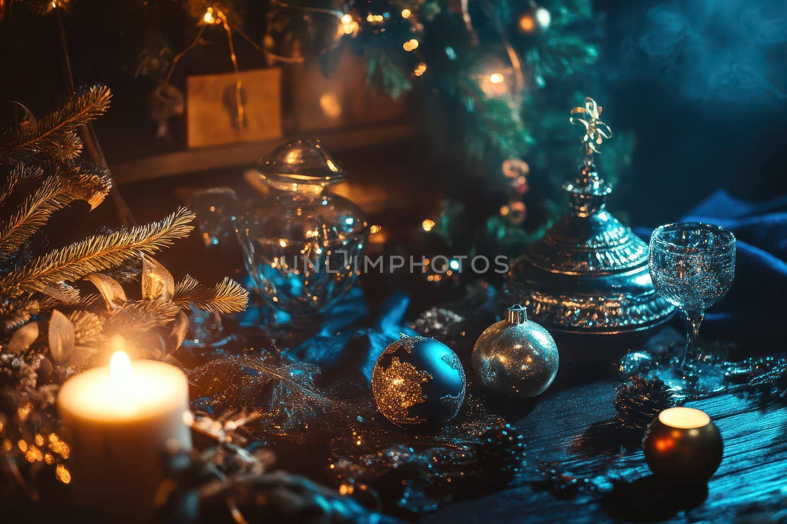 Cozy atmosphere featuring twinkling lights candles and elegant ornaments on a festive table creating a warm holiday vibe.