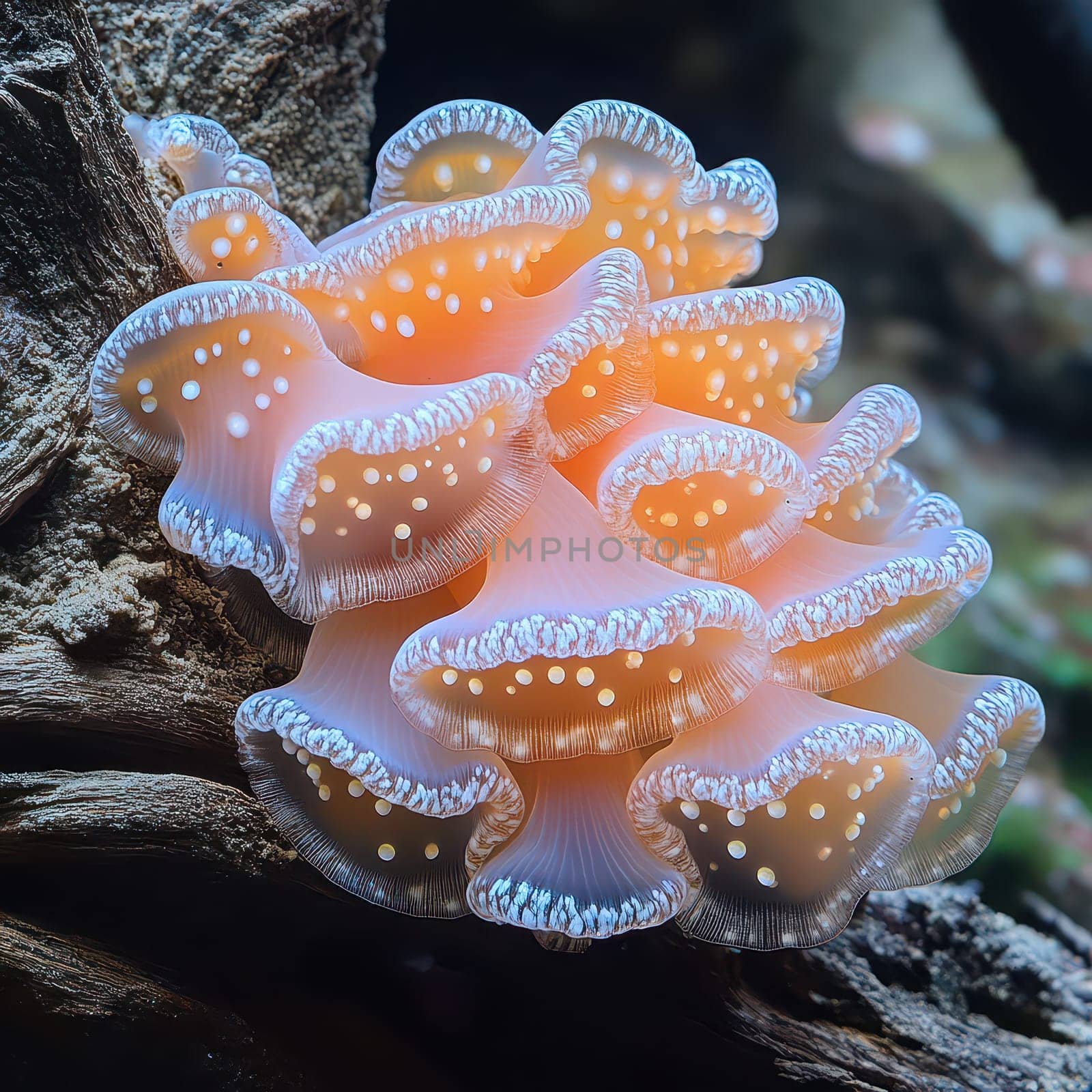 A stunning coral formation features vibrant polyps in shades of orange and white thriving within a marine habitat near the ocean floor.