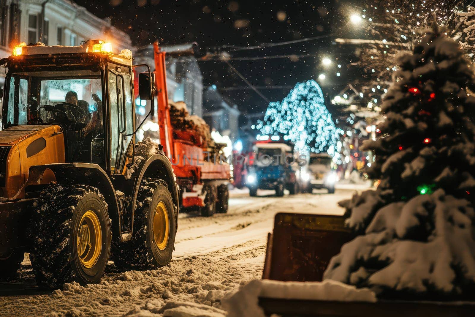 Tractors clear snow on a wintry street adorned with festive lights creating a cozy holiday atmosphere in a small town at night.