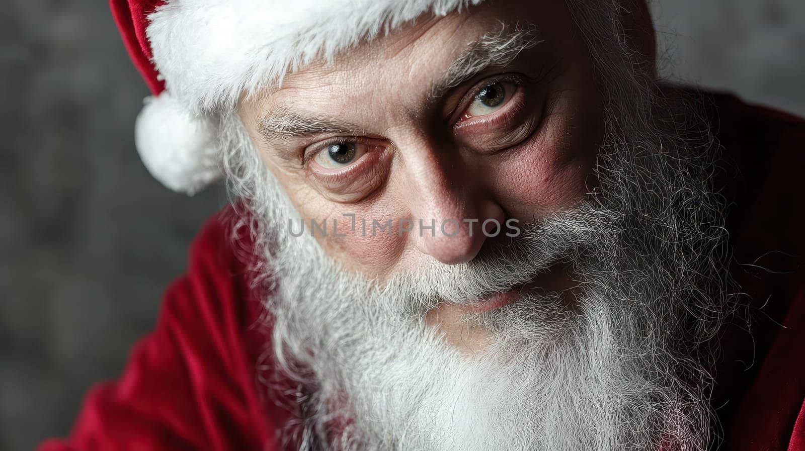 A man dressed as Santa Claus gazes thoughtfully showcasing his white beard red suit and festive spirit during the holiday season.