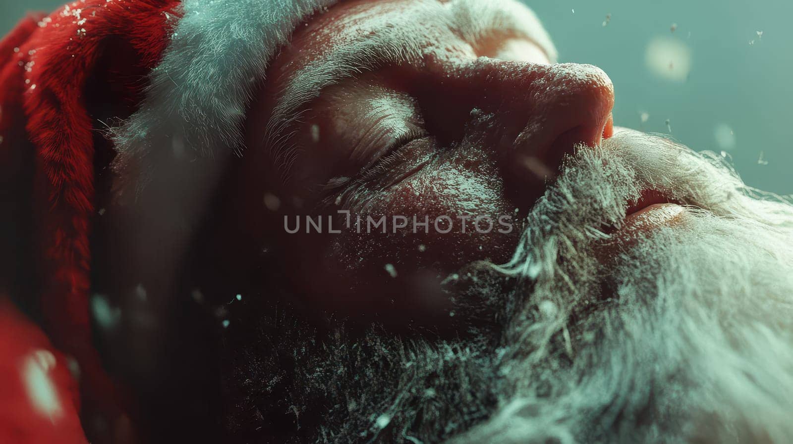 Santa Claus relaxes with closed eyes as gentle snowflakes fall around him creating a serene holiday atmosphere during winter.