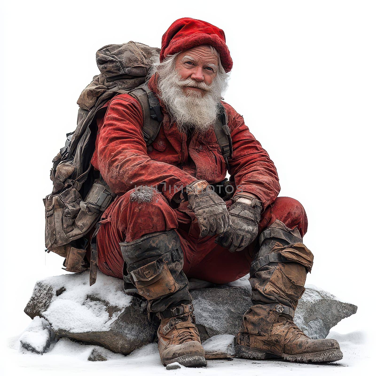 A cheerful figure dressed as Santa Claus sits on a rock in a snowy setting taking a break from his holiday preparations in winter.