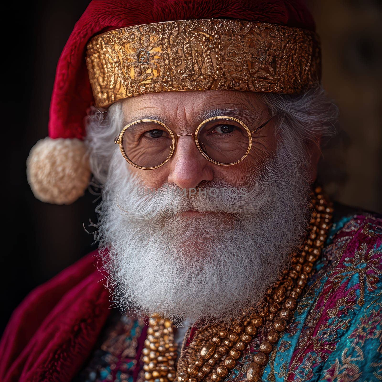 An elderly man wears a vibrant outfit and Santa hat showcasing a wise expression and adorned with decorative beads during a cheerful gathering.
