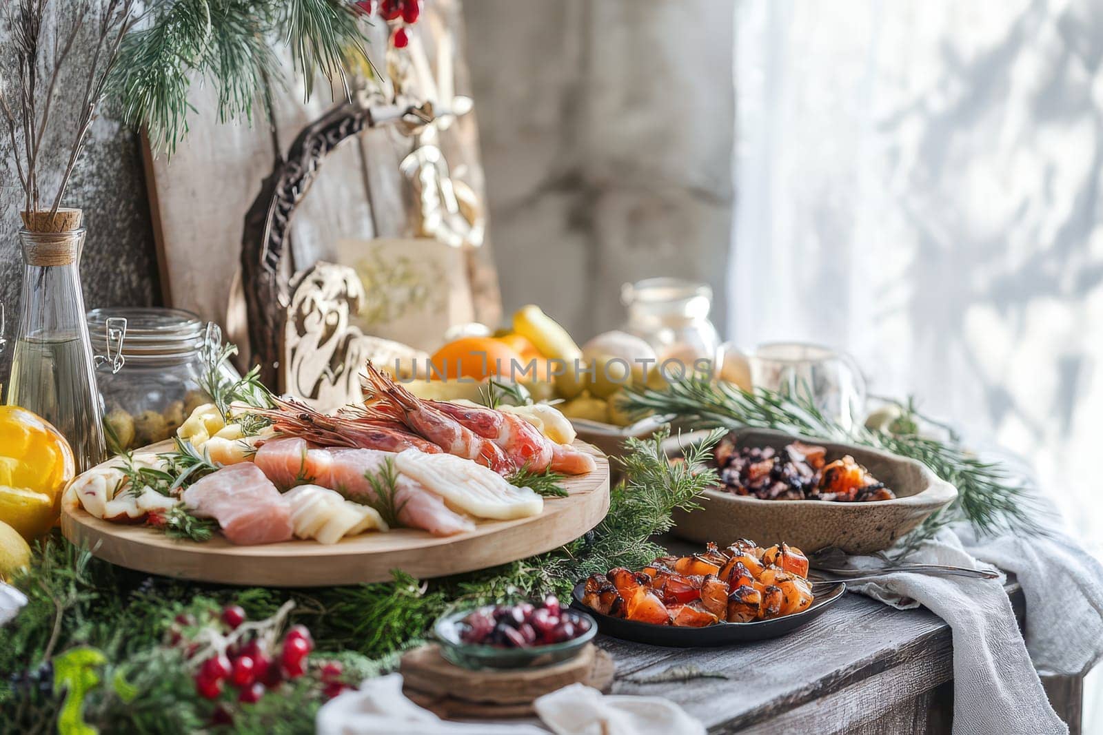 A variety of festive dishes including seafood fruits and salads beautifully arranged on a rustic wooden table decorated with green herbs.