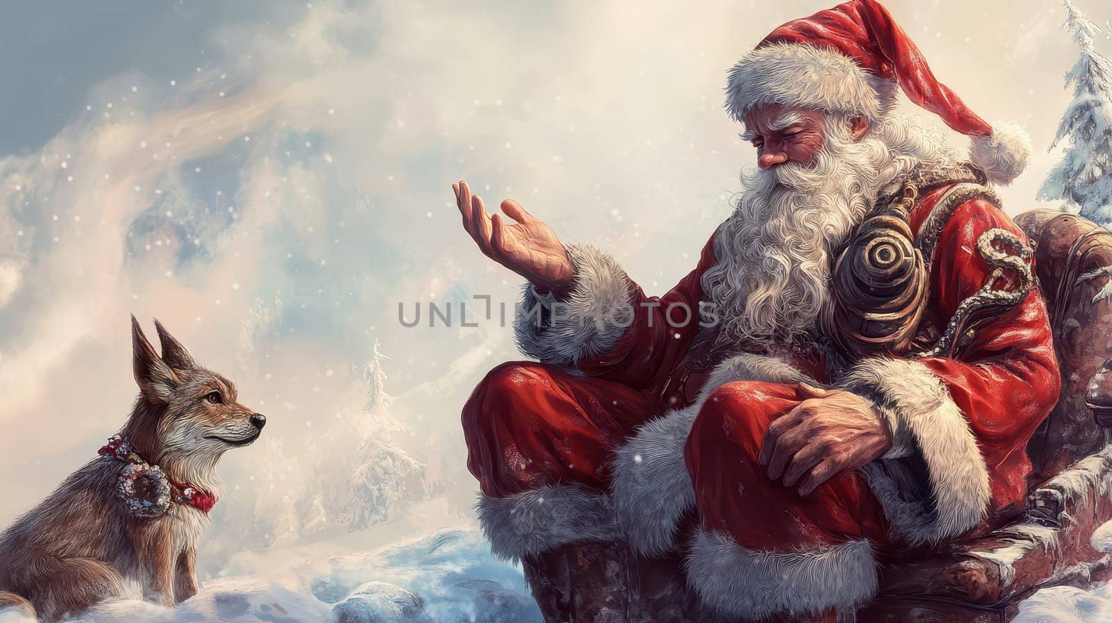 Santa Claus is sitting on a chair in the snow engaging with a curious fox adorned with a collar while winter scenery surrounds them.