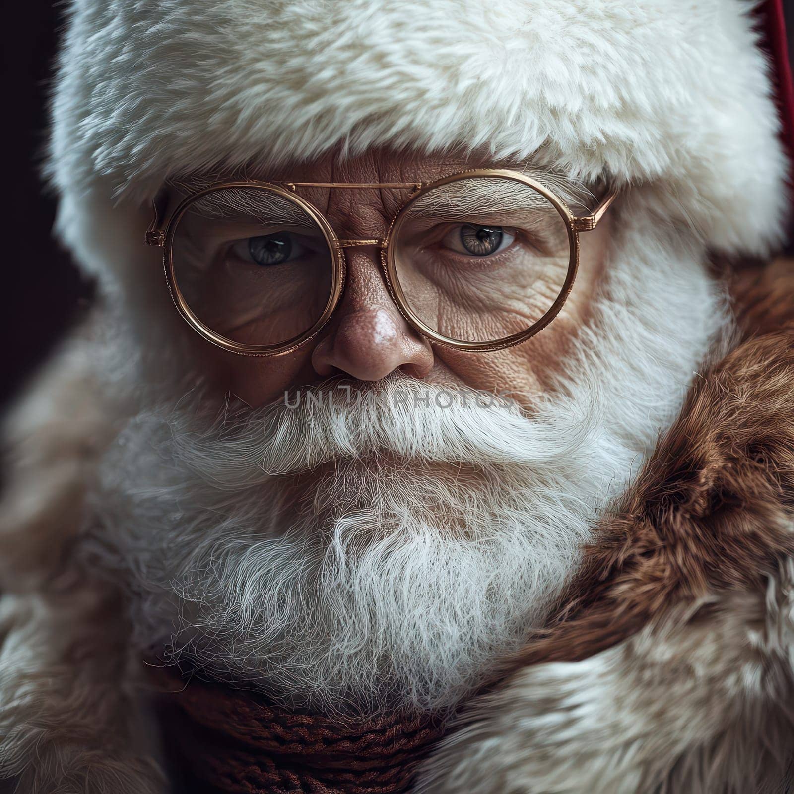 A jolly Santa Claus wearing glasses and a furry coat gazes thoughtfully embodying a festive spirit during the winter season.