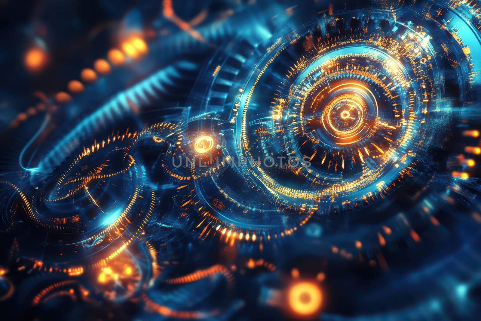 A mesmerizing abstract design features intricate glowing circuits and patterns in blue and orange hues creating a futuristic vibe.