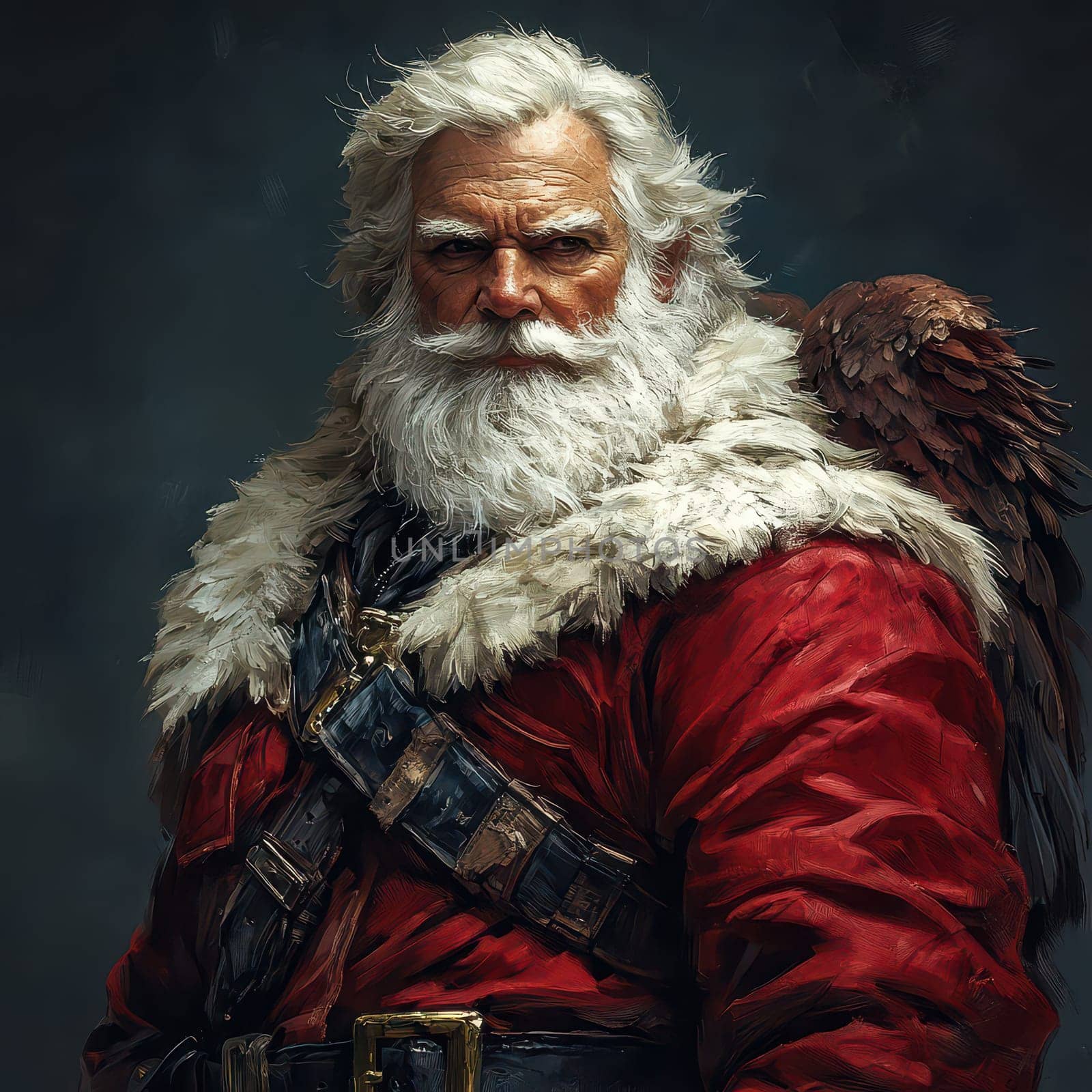 A strong character in a red coat stands confidently showcasing snow white hair and a bushy beard with a serious expression.