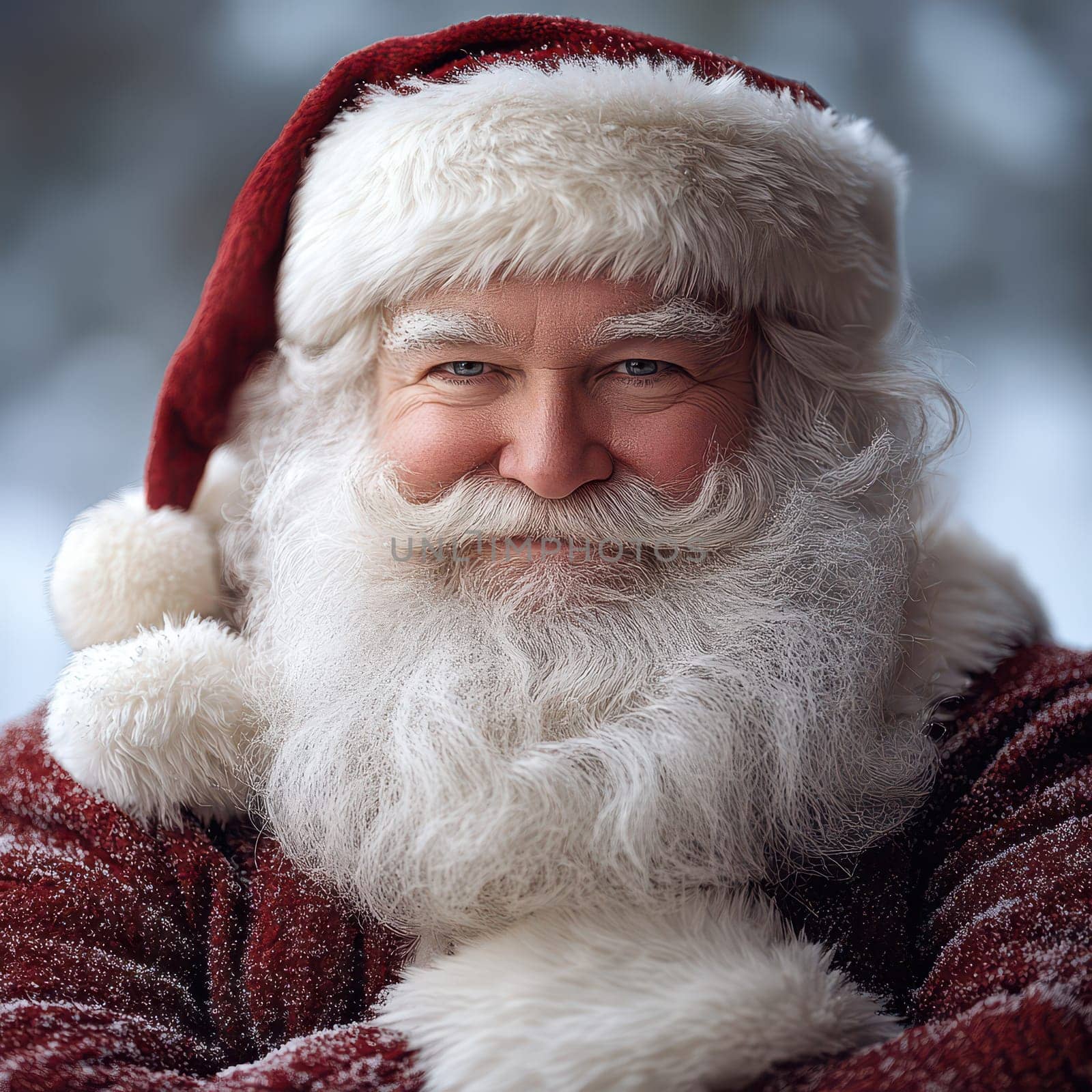 A joyful Santa Claus with a fluffy beard stands in a snow covered landscape spreading festive cheer during the holiday season.