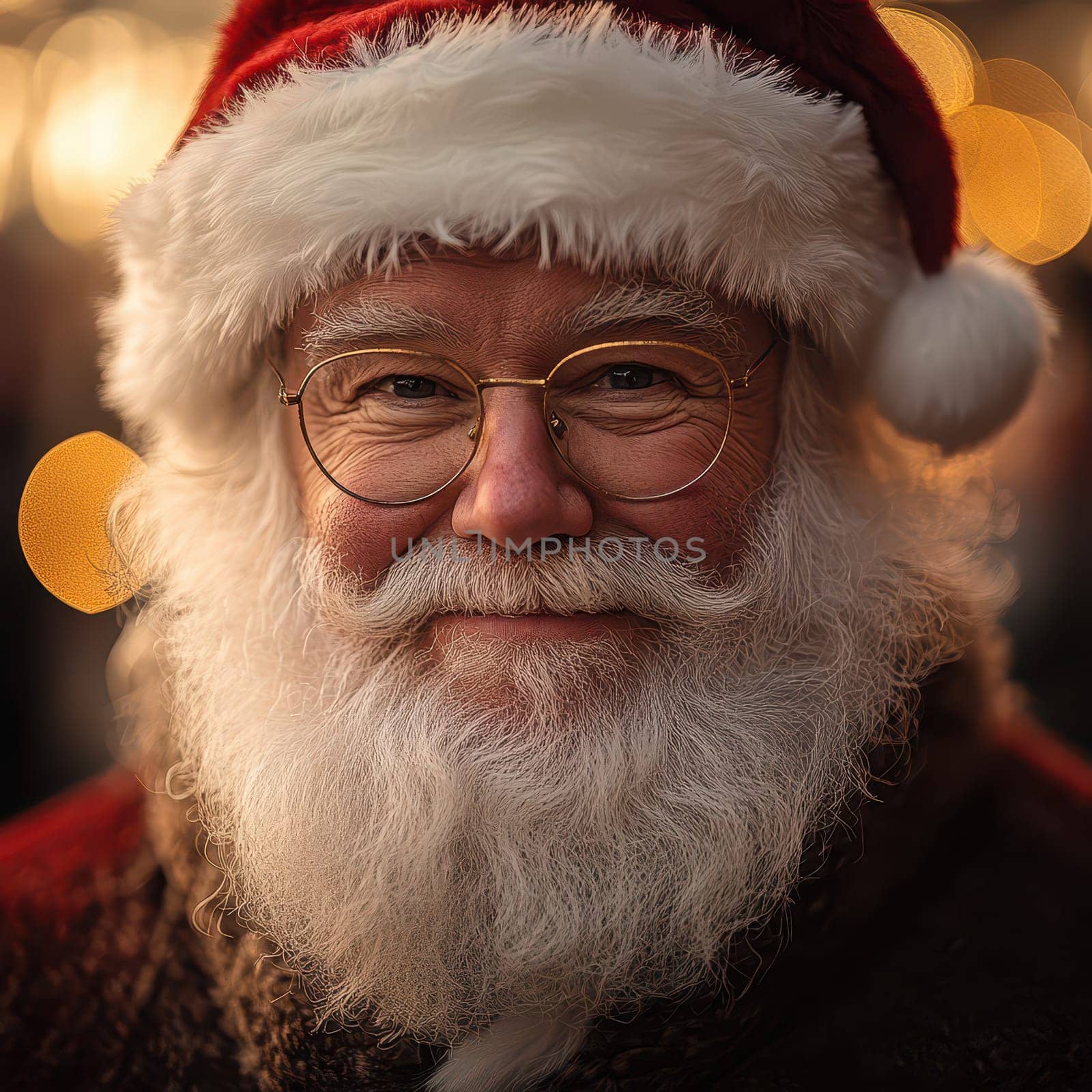 A joyful elderly man in a Santa costume smiles warmly spreading holiday spirit at a festive Christmas celebration in winter.