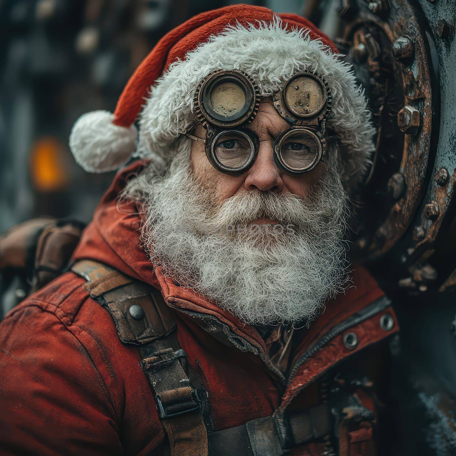 A bearded man dressed as Santa Claus wearing steampunk goggles stands outdoors in a snowy environment showcasing a unique holiday theme.