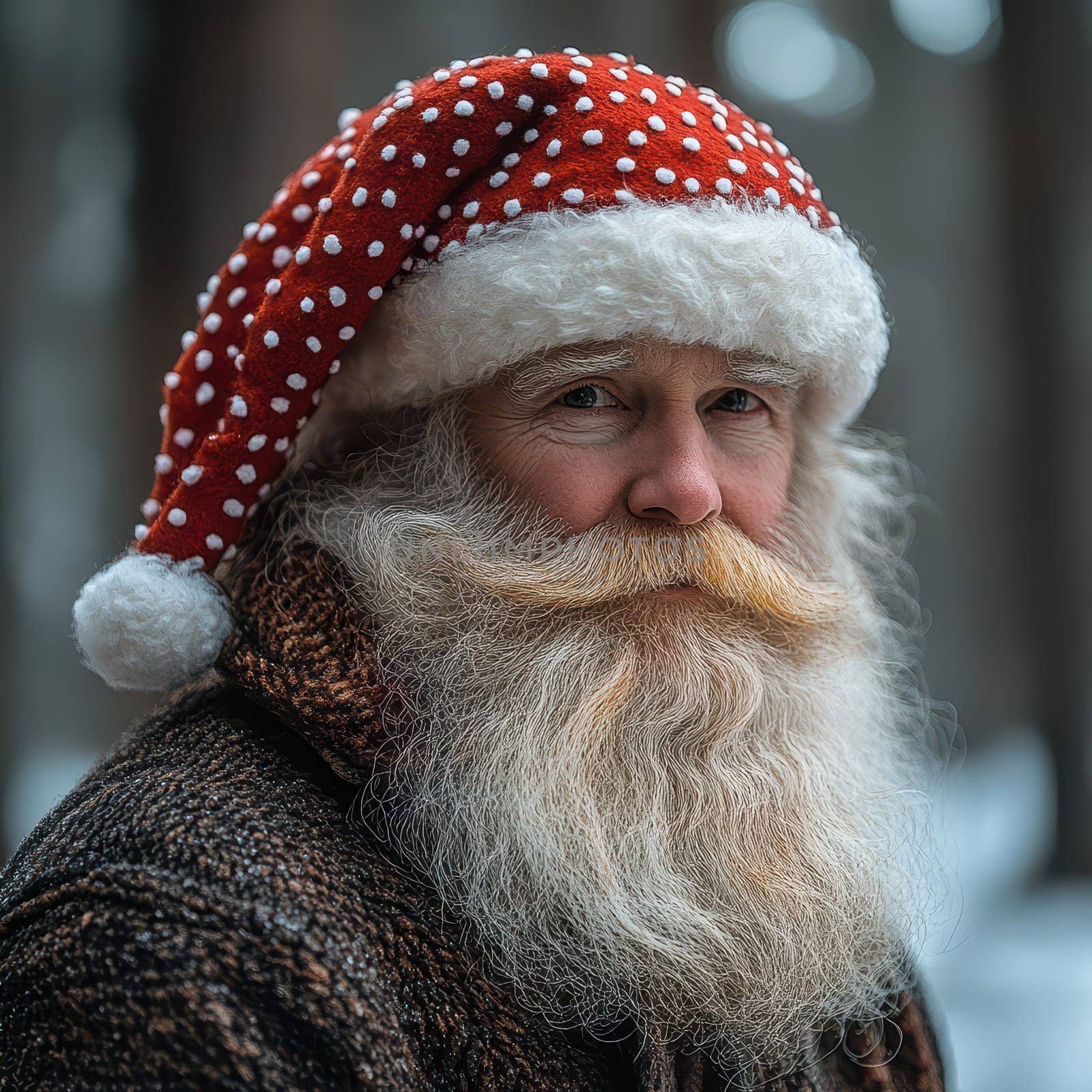A man with a white beard wearing a red and white Santa hat stands in a snowy forest exuding holiday spirit and warmth.