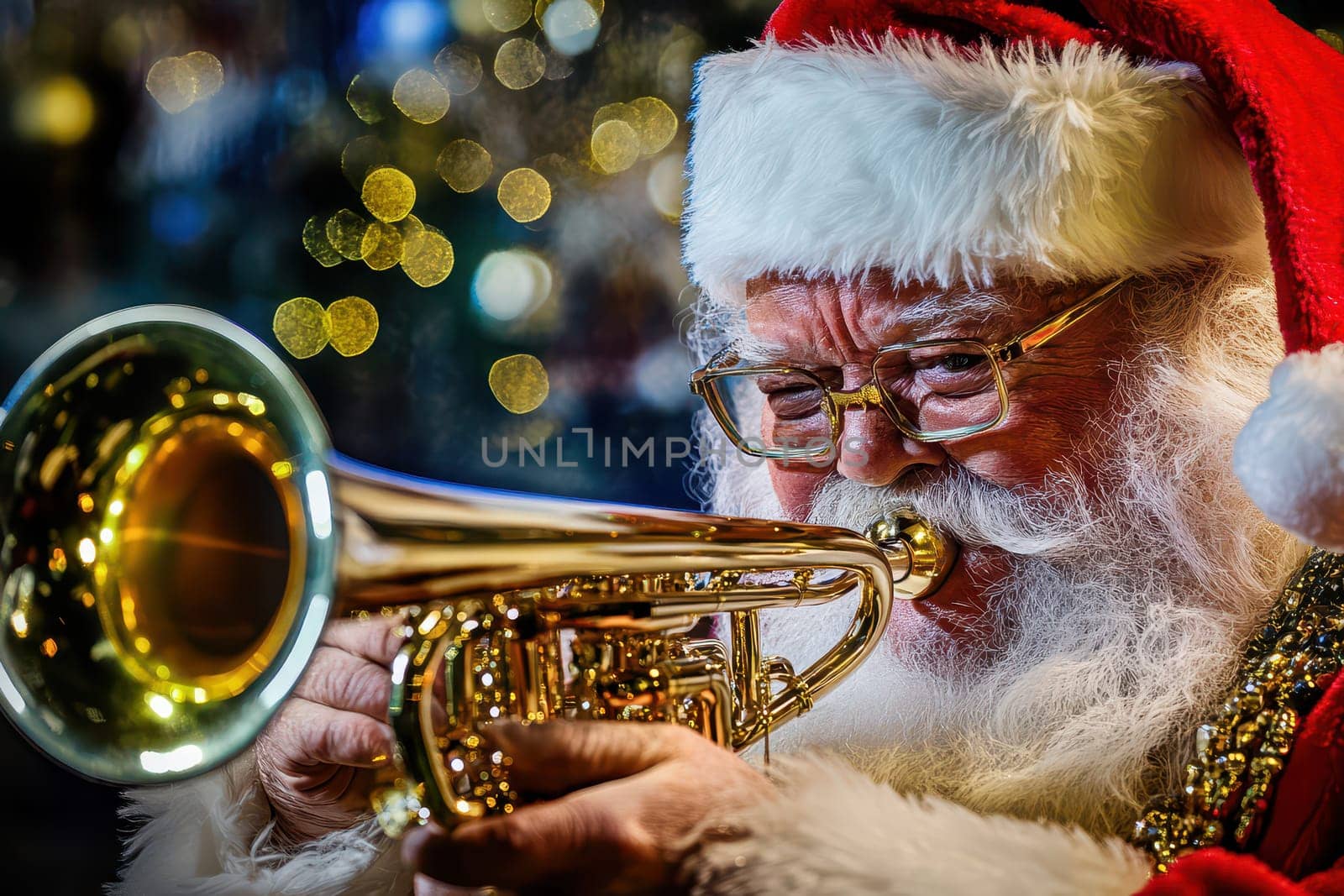 A joyful Santa Claus passionately plays the trumpet immersed in a festive atmosphere filled with holiday cheer and sparkling lights.