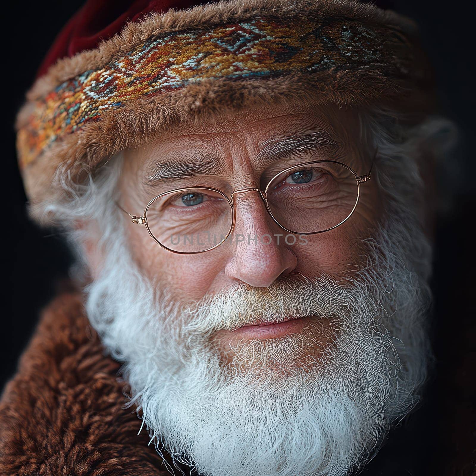 An elderly man with a long white beard wearing round glasses and a fur lined hat looks warmly at the viewer creating a cozy atmosphere.