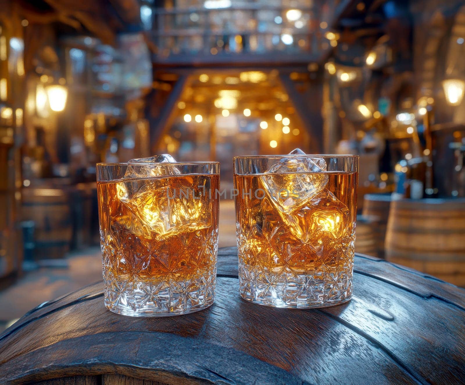 Two elegant, crystal-clear glasses of whiskey with ice cubes. AI generative.