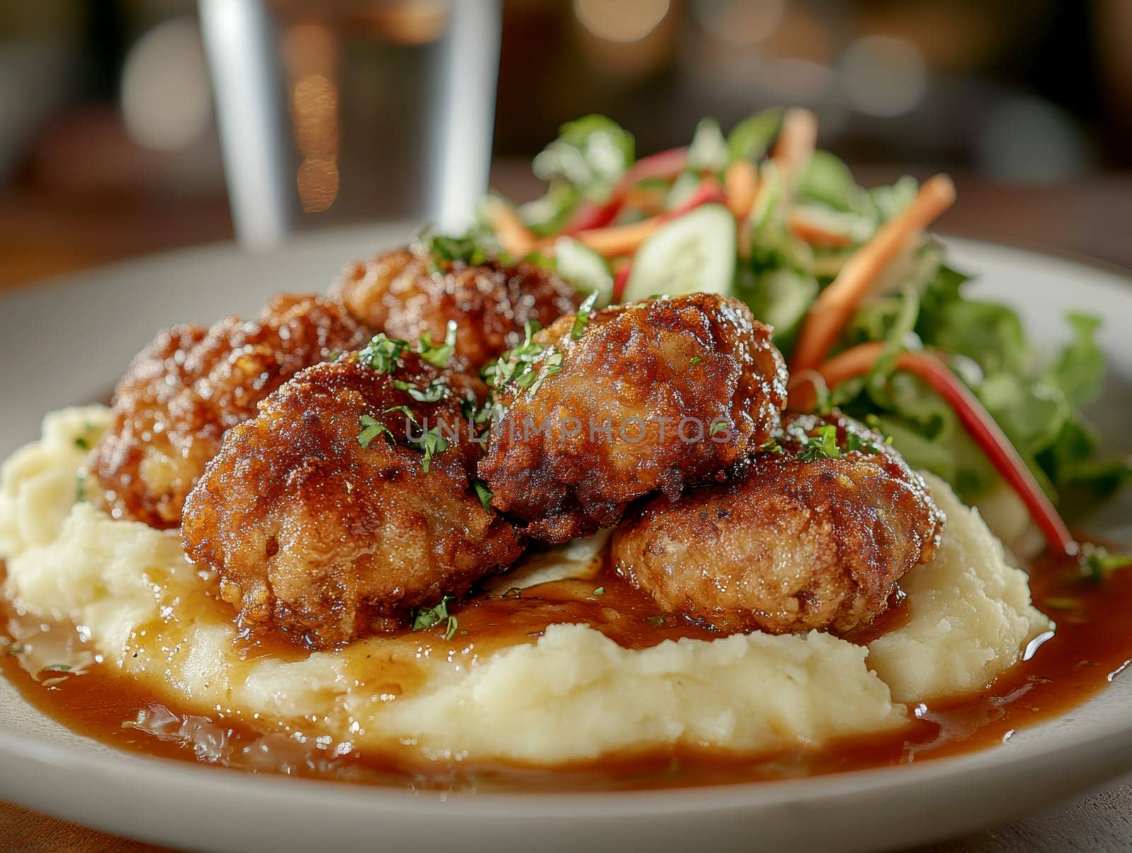 fried meatballs served with creamy mashed potatoes and a fresh green salad. AI generative.