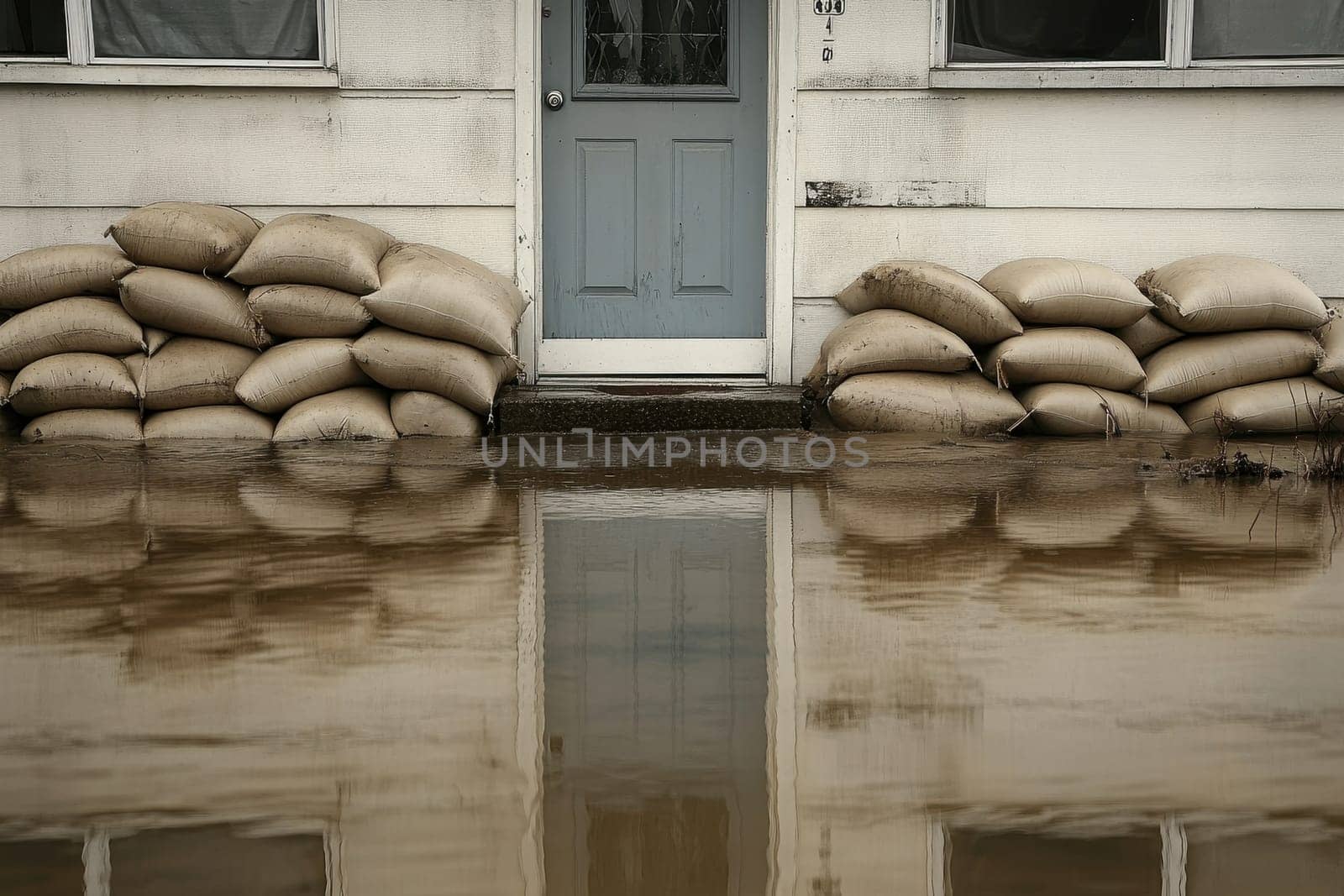 This image features a close-up view of sandbags stacked against a front door, providing flood protection. Water reflects the scene, illustrating the impact of flooding.