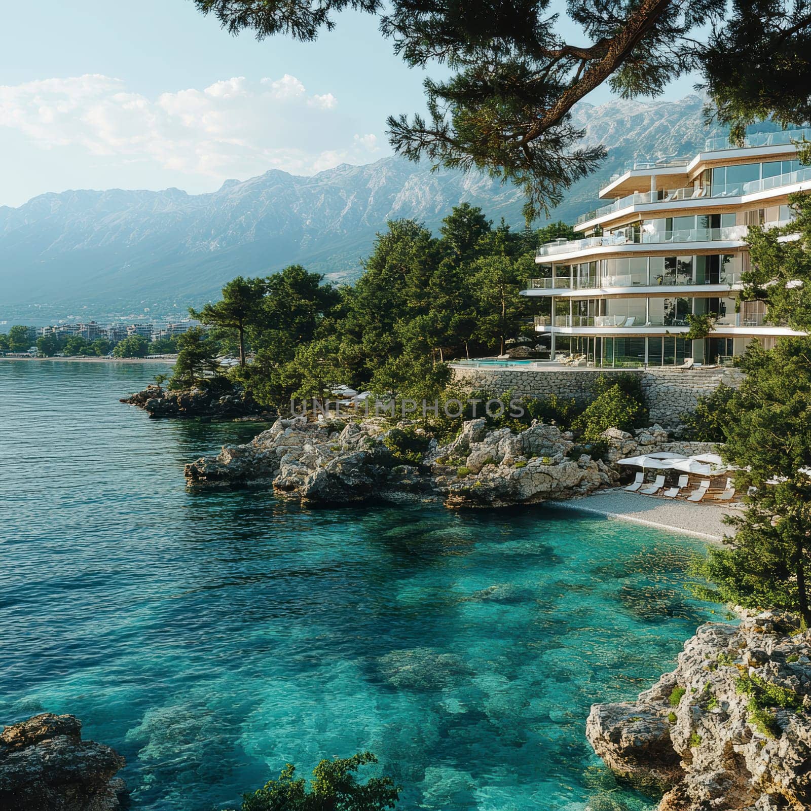 Tourist apartments in Greece on the seashore.AI generative.