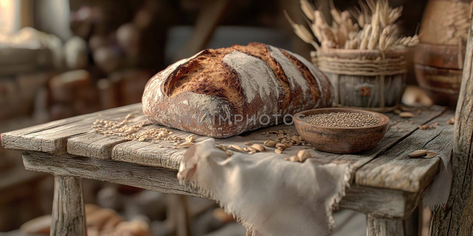 A rustic loaf of bread lying on a wooden table. AI generative.