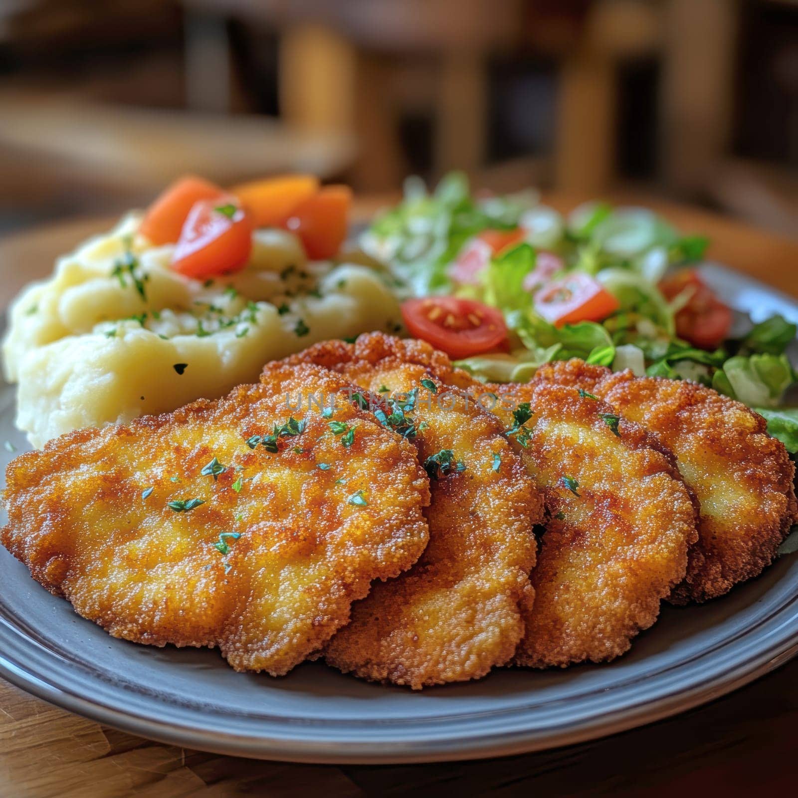 delicious homemade schnitzel on a plate, surrounded by fresh salad and a side of mashed potatoes. AI generative.