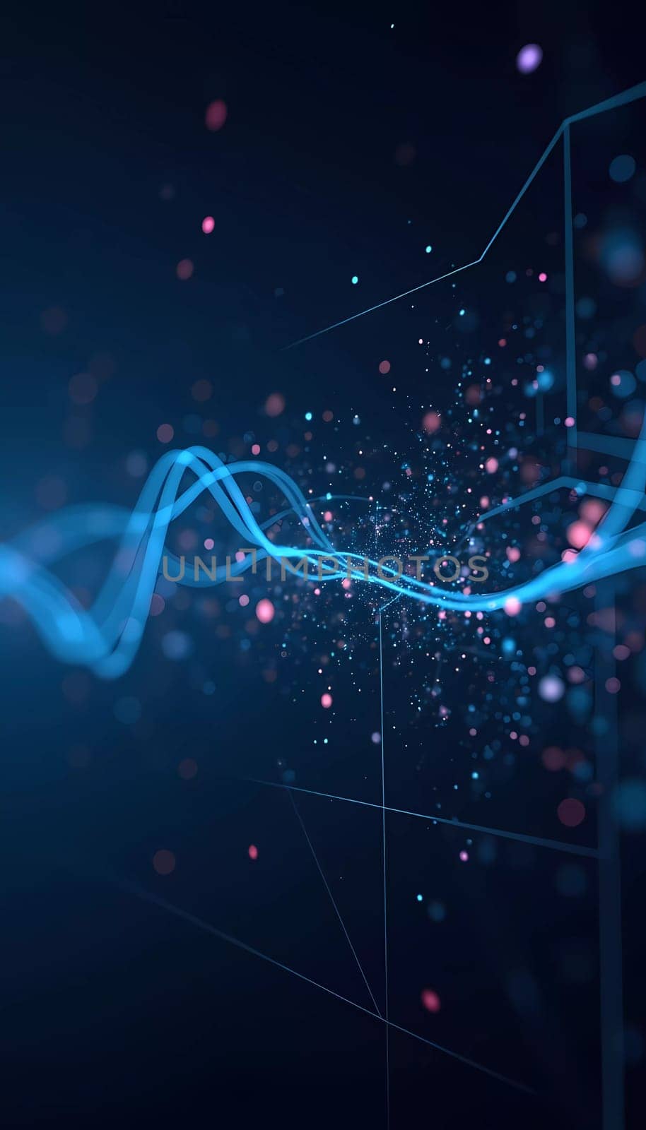 This graphic showcases an intricate display of audio waves flowing through a digital landscape, enhanced by luminous particles. The design emphasizes technology and creativity. Generative AI.