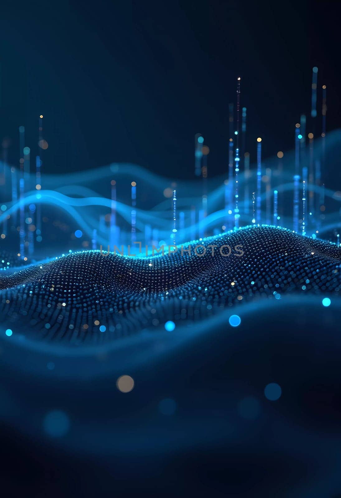 Vibrant blue waves of data ebb and flow in a captivating digital landscape, creating a mesmerizing visual symphony of sound and technology. Generative AI.