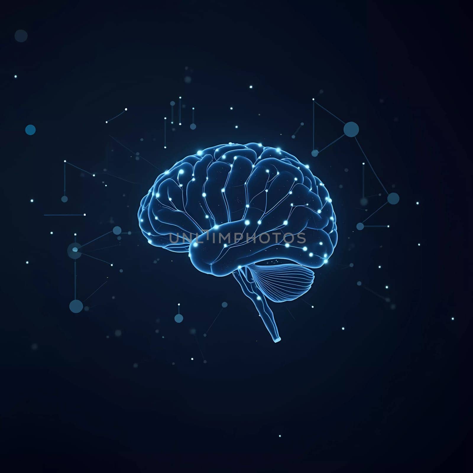 A digital visualization showcases a glowing brain composed of data points and connections. This design symbolizes the intersection of technology and neuroscience in a modern environment. GenerativeAI