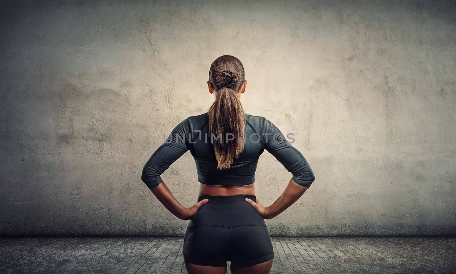 Rear view sportswoman standing with hands on hips facing a large concrete wall, wearing a dark athletic outfit. Strong and powerful woman practicing gym and workout conceptual background