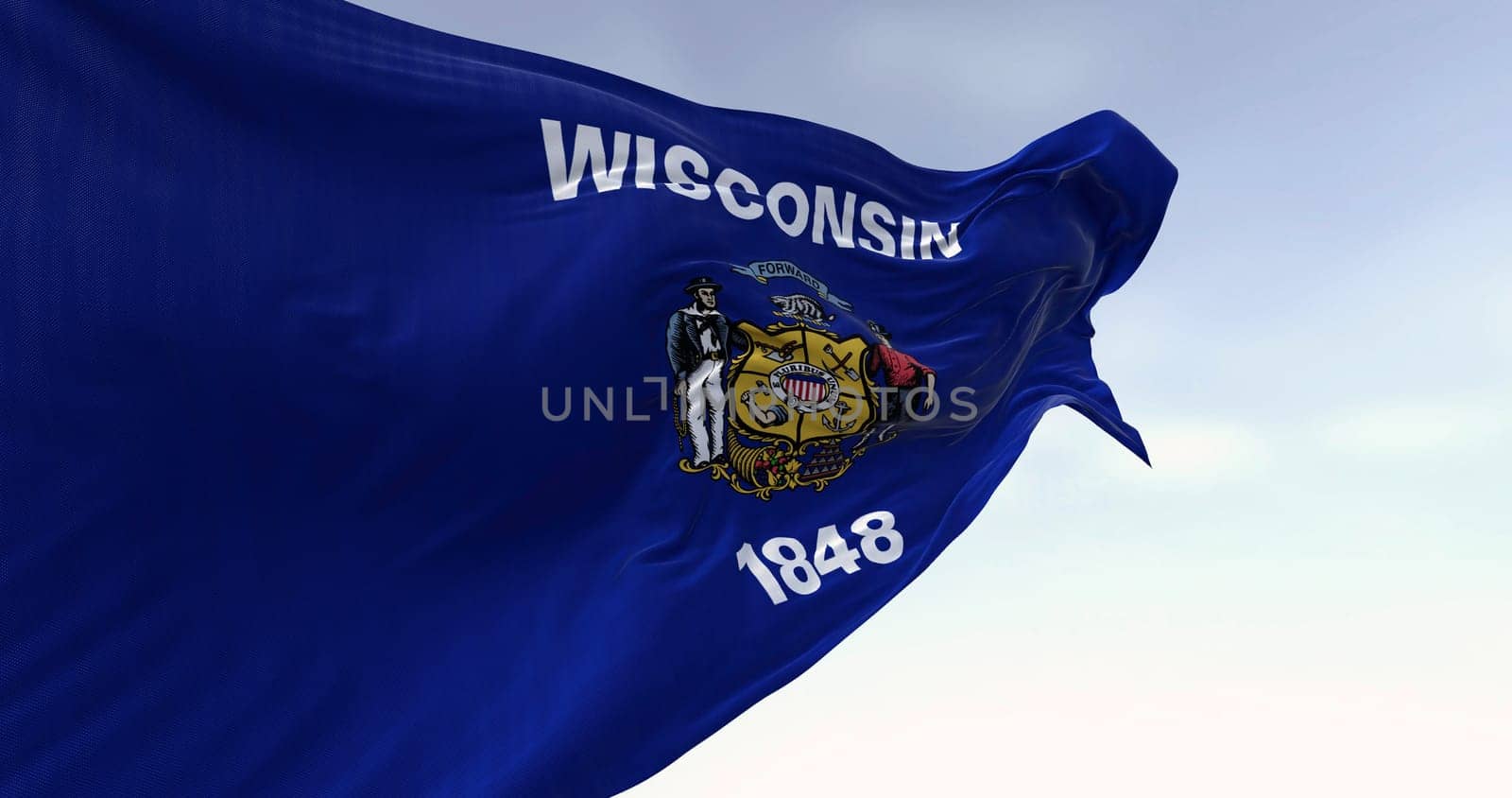 Close-up of Wisconsin state flag waving in the wind. Blue flag with a central coat of arms. 3d illustration render. Rippled fabric. Textured background. Selective focus