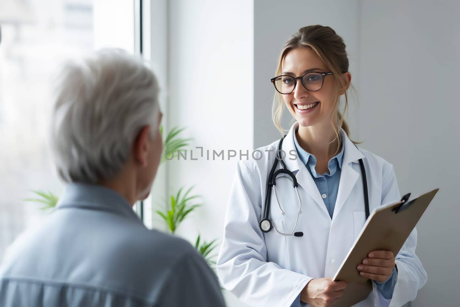 Professional female doctor with a stethoscope consulting an elderly patient in a modern, bright clinic. Concept of healthcare, trust, and professional medical service